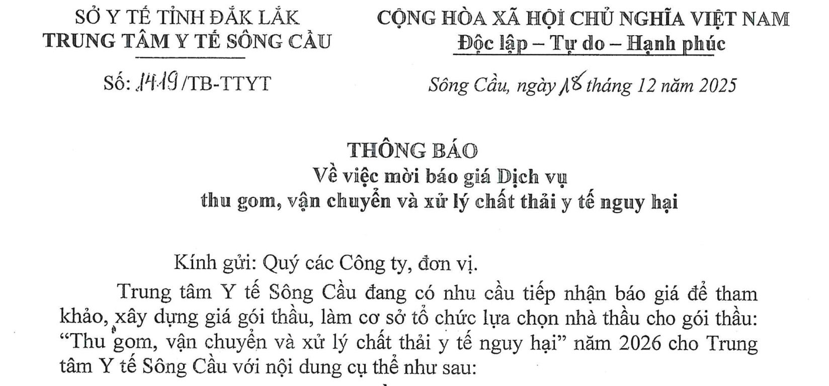 TB Về việc mời báo giá Dịch vụ thu gom, vận chuyển và xử lý chất thải y tế nguy hại